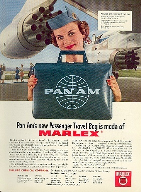 1950s A joint Pan American ad with Marlex plastic.  For a time the plastic flight bag in the ad was offered to First Class jet passengers.